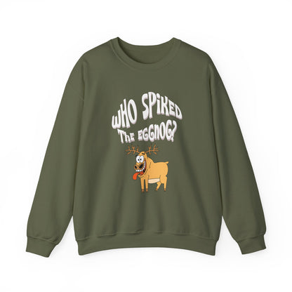 Green sweatshirt with cartoon dog and text 'Who Spiked the Eggnog?' on a white background at Java Good Coffee