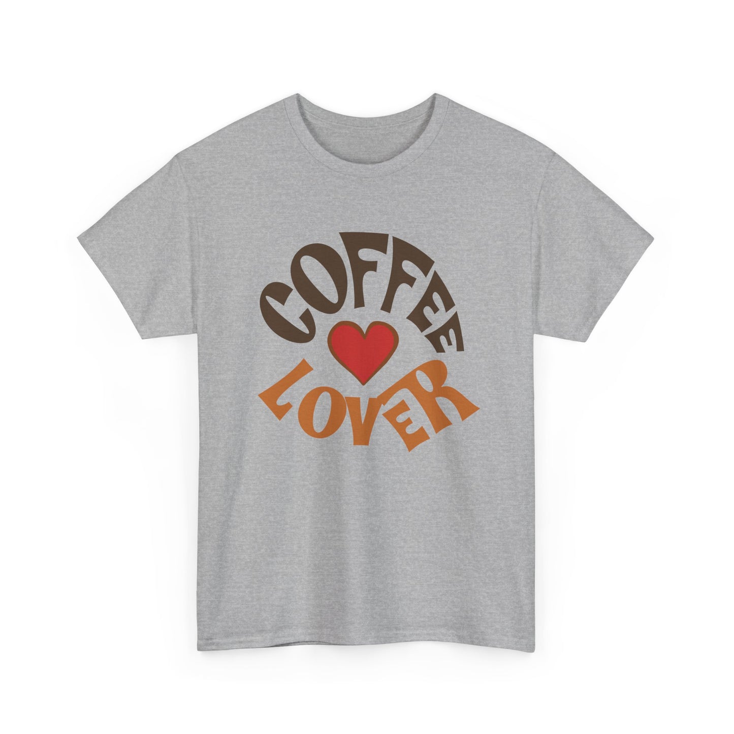 Gray t-shirt with 'Coffee Lover' text and heart design on a white background