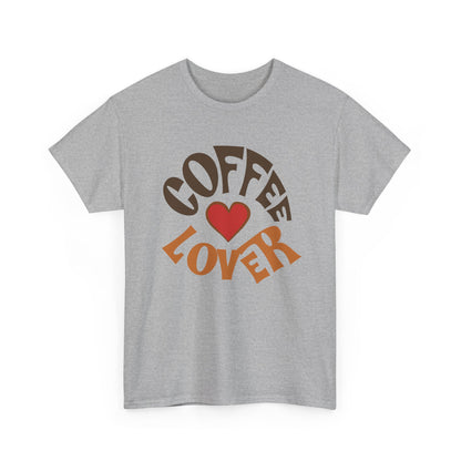 Gray t-shirt with 'Coffee Lover' text and heart design on a white background