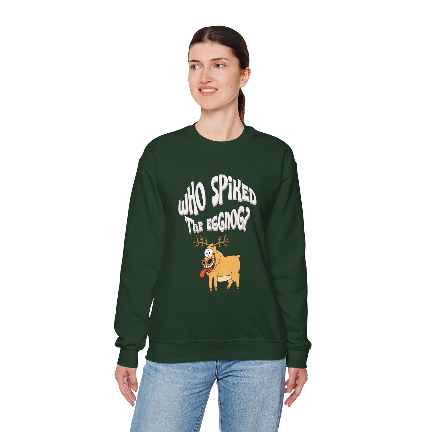 "Who Spiked the Eggnog?" Whimsical Holiday Crewneck Sweatshirt