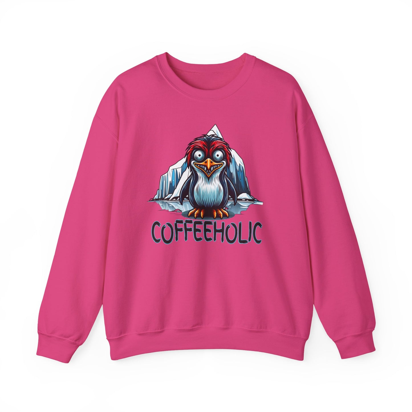 Pink sweatshirt with a cartoon penguin and 'COFFEEHOLIC' text on a white background