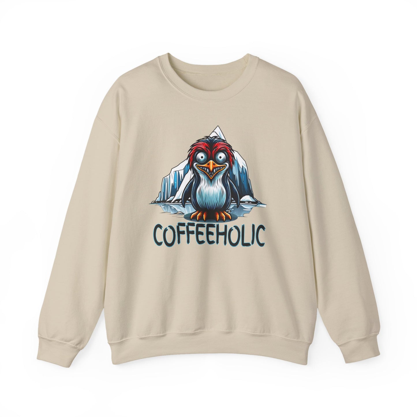 Beige sweatshirt with a penguin graphic and 'COFFEEHOLIC' text on a white background