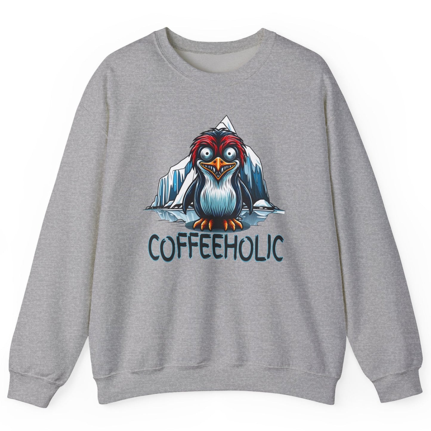 Gray sweatshirt with a cartoon penguin and 'COFFEEHOLIC' text on a white background