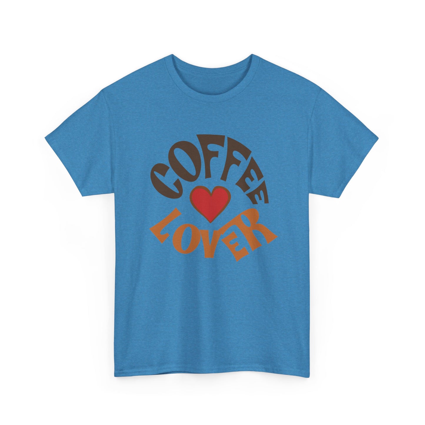 Blue t-shirt with 'Coffee Lover' text and heart on a white background