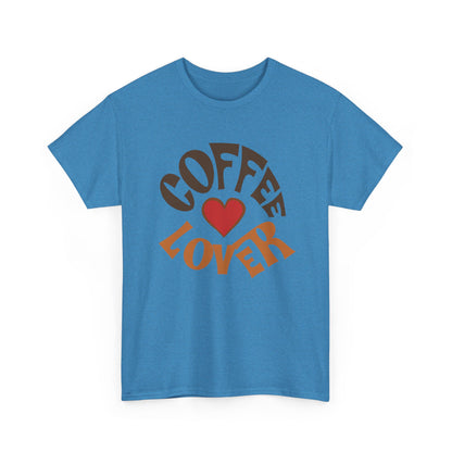 Blue t-shirt with 'Coffee Lover' text and heart on a white background