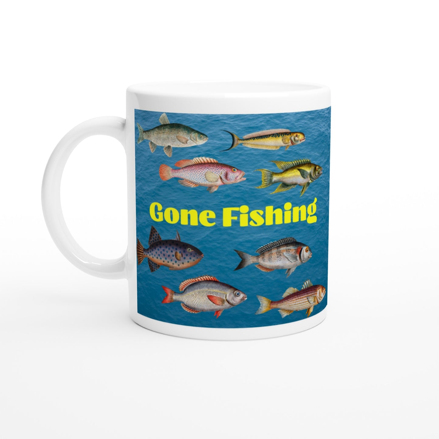 Gone Fishing White 11oz Ceramic Mug by Java Good Coffee