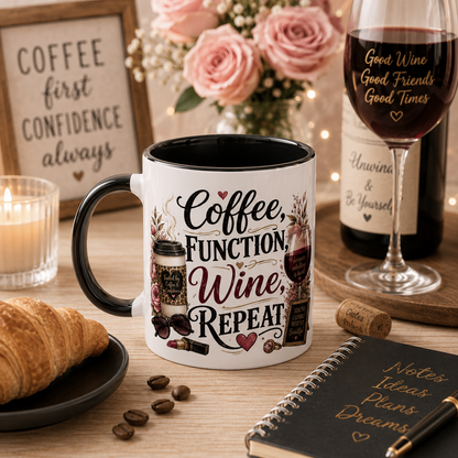 Coffee Function Wine  White 11oz Ceramic Mug with Color Inside