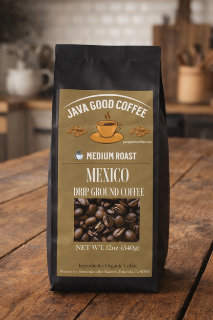 Java Good Coffee bag on a wooden surface with a kitchen background