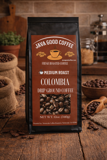 Java Good Coffee package on a wooden surface with coffee beans and a rustic background
