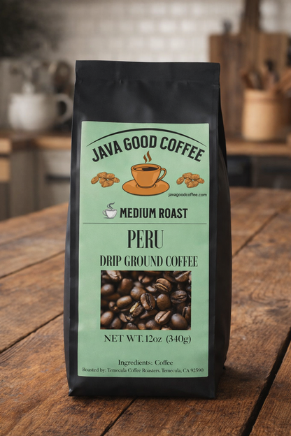 Java Good Coffee bag on a wooden table with a blurred kitchen background