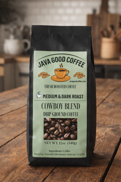 Java Good Coffee bag on a wooden surface with a blurred kitchen background