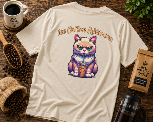 Ice Coffee Addiction Unisex Heavy Cotton Tee - Fun Cat Design