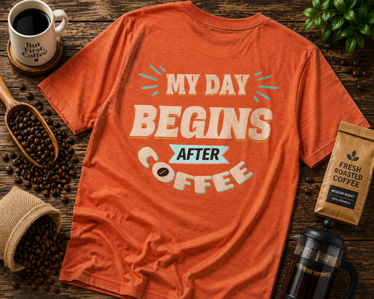 My Day Begins After Coffee T‑Shirt — Funny Coffee Lover Tee