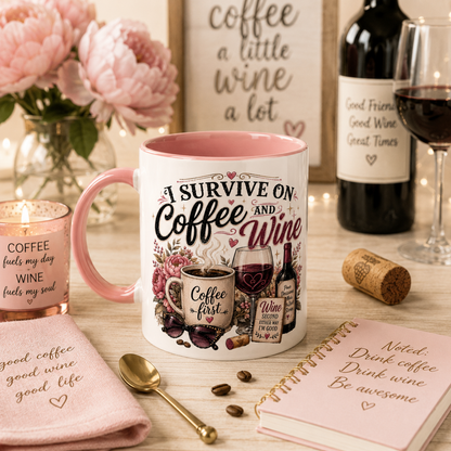 Mug with 'I Survive on Coffee and Wine' text on a table with coffee and wine items.