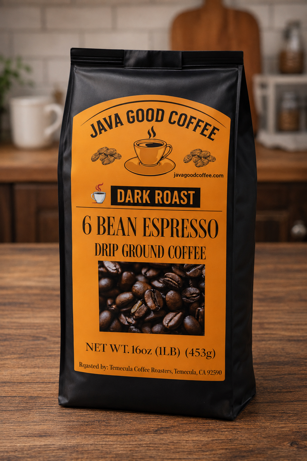 Java Good Coffee package on a wooden surface with a blurred kitchen background