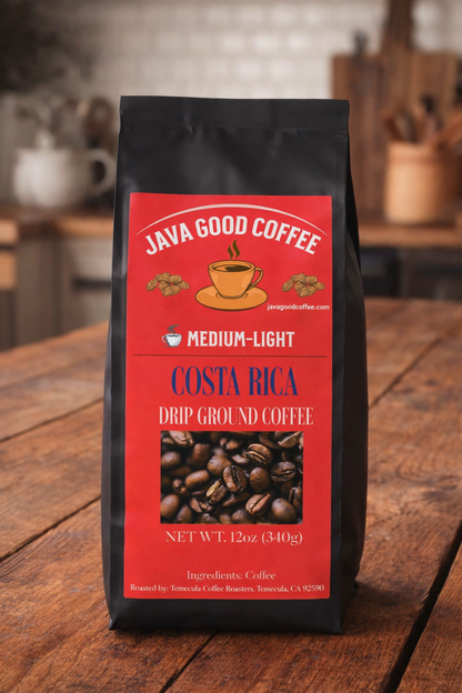 Coffee bag labeled 'Java Good Coffee' on a wooden surface