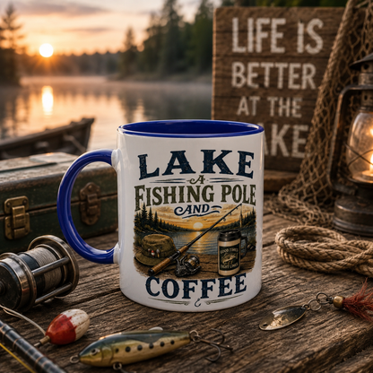 Lake A Fishing Pole  White 11oz Ceramic Mug with Color Inside