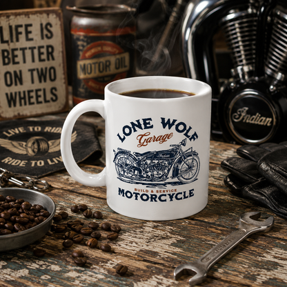 Lone Wolf Garage White 11oz Ceramic Mug