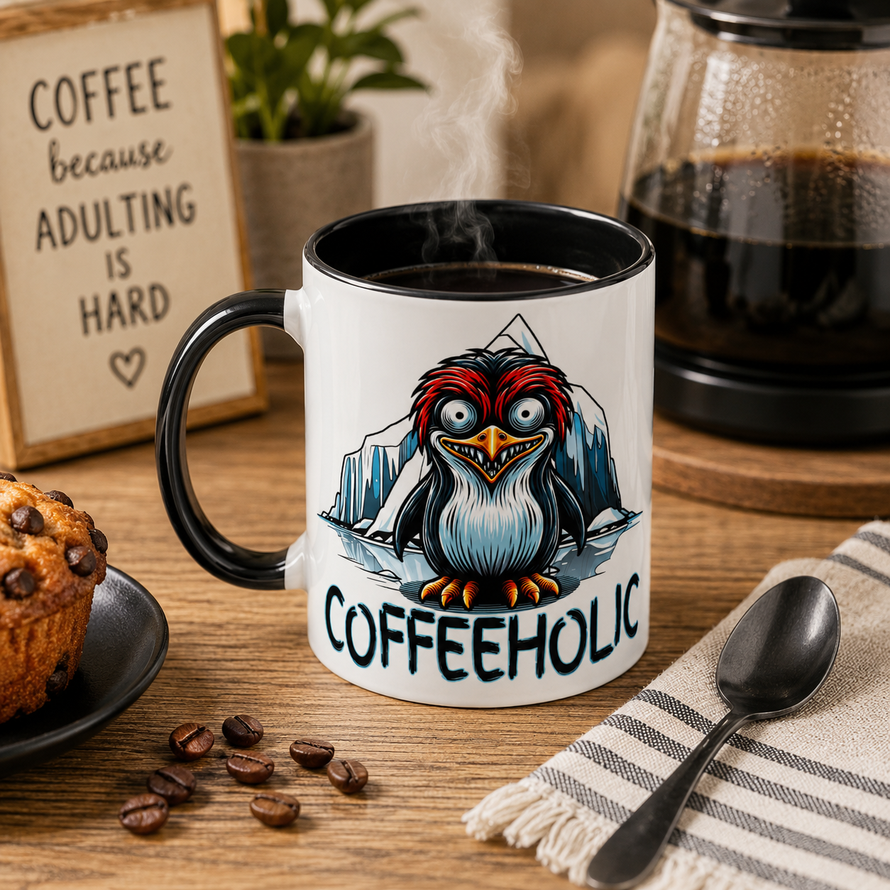 Coffeeholic Penguin White 11oz Ceramic Mug with Color Inside