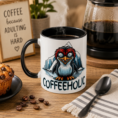 Coffeeholic Penguin White 11oz Ceramic Mug with Color Inside