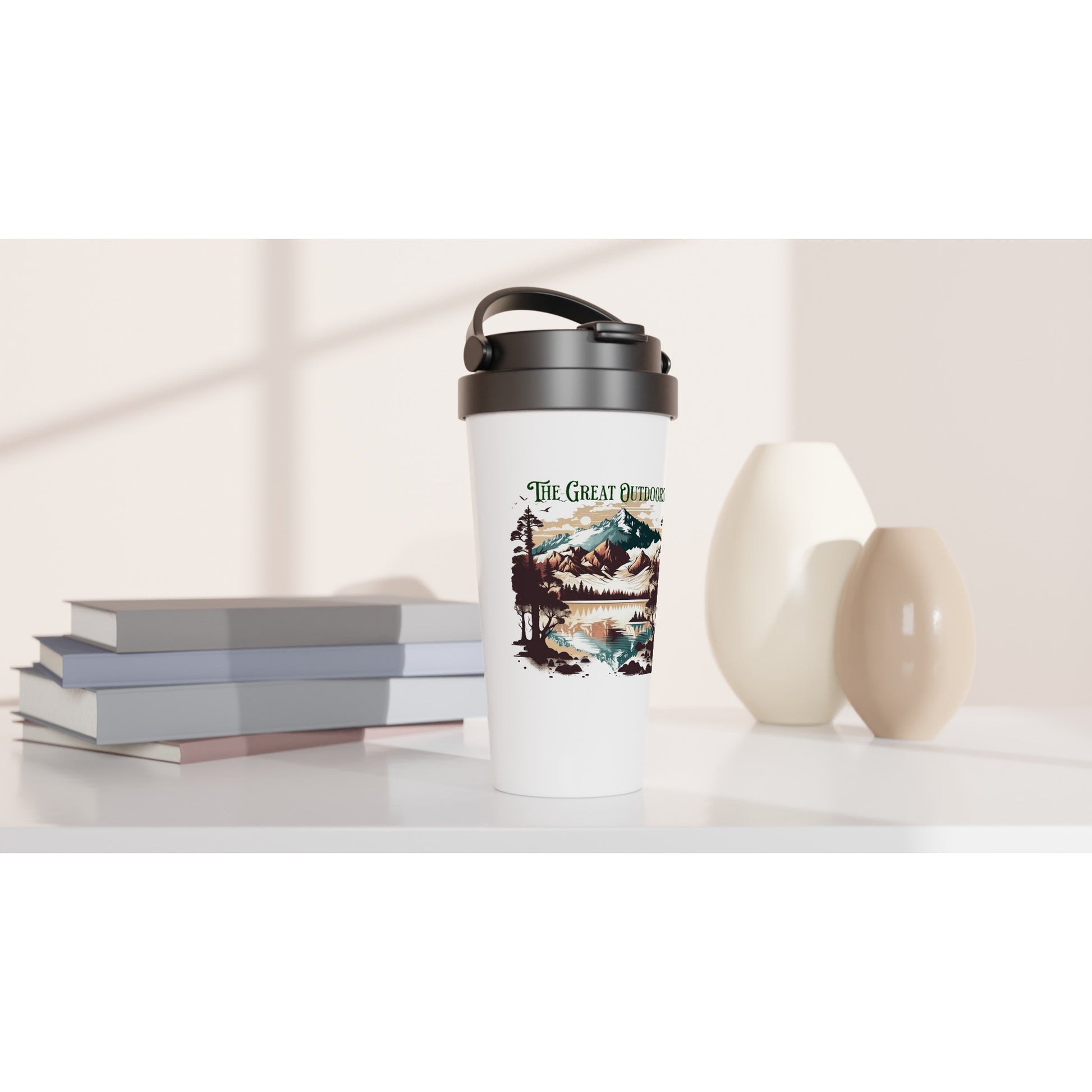 The Great Outdoors White 15oz Stainless Steel Travel Mug by Java Good Coffee