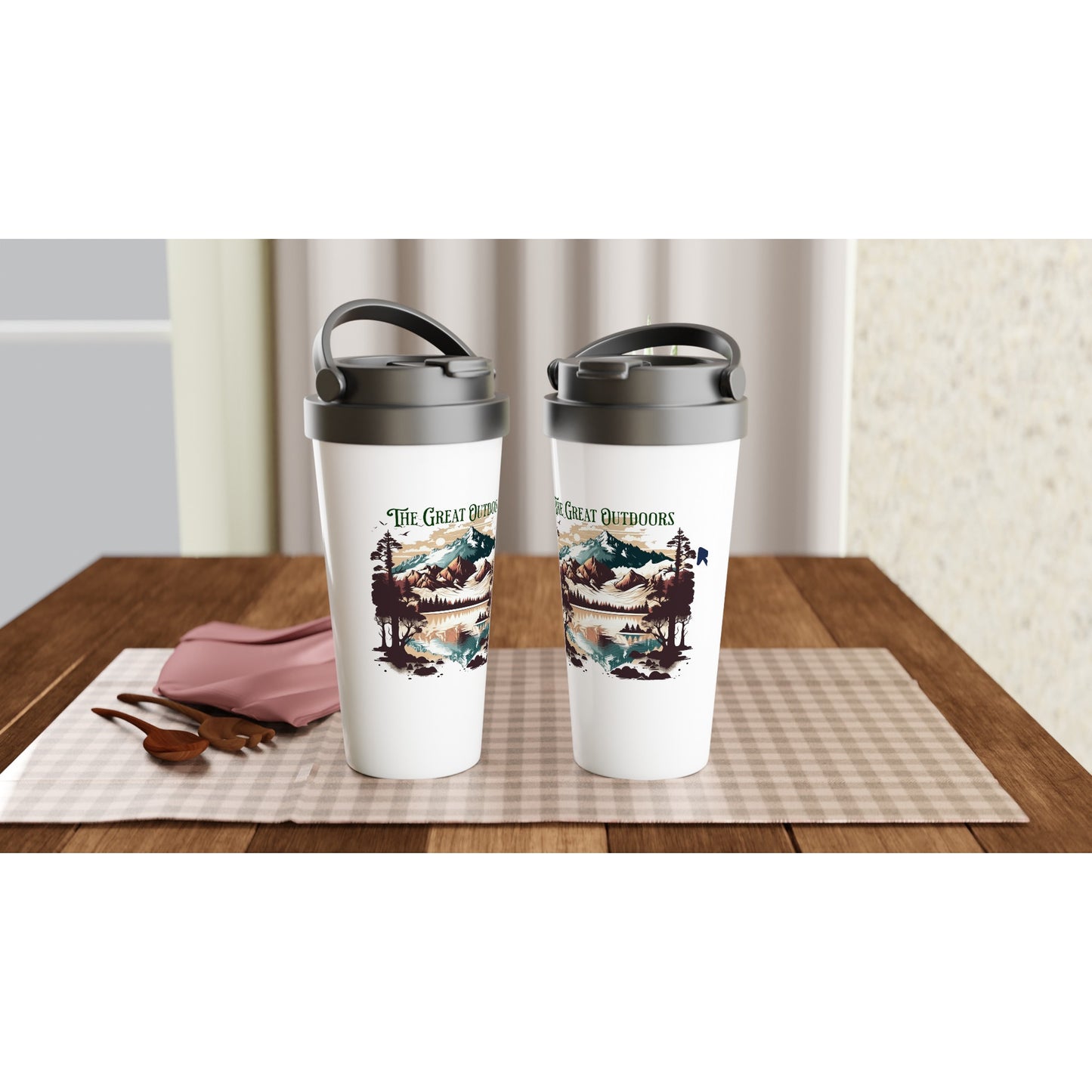 The Great Outdoors White 15oz Stainless Steel Travel Mug Java Good Coffee