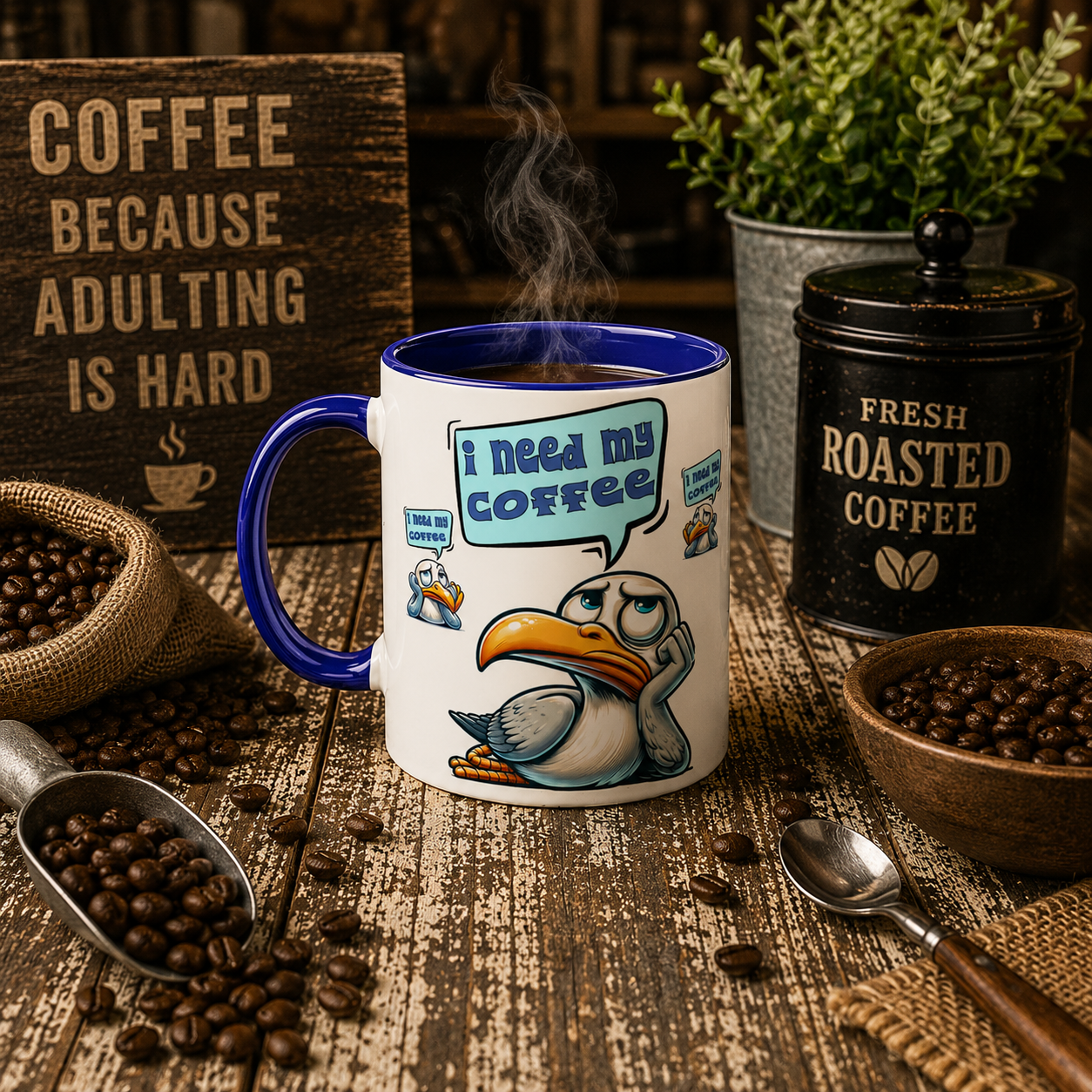 I need My Coffee Pelican White 11oz Ceramic Mug with Color Inside