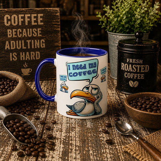I need My Coffee Pelican White 11oz Ceramic Mug with Color Inside