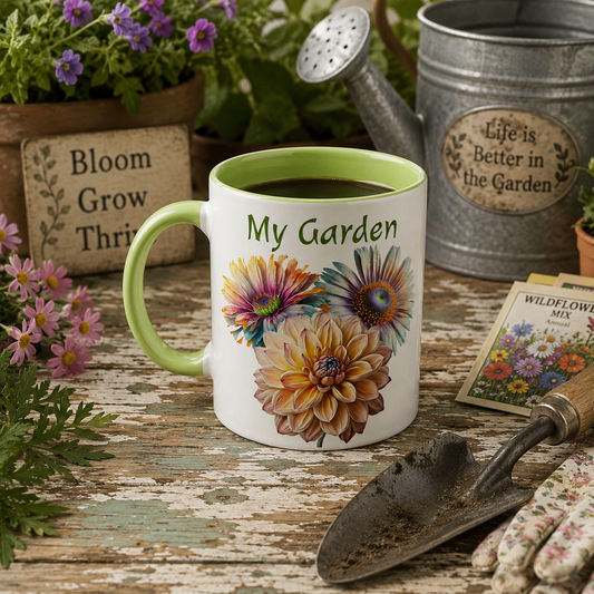 Mug with floral design and 'My Garden' text on a garden-themed table with plants and gardening tools.