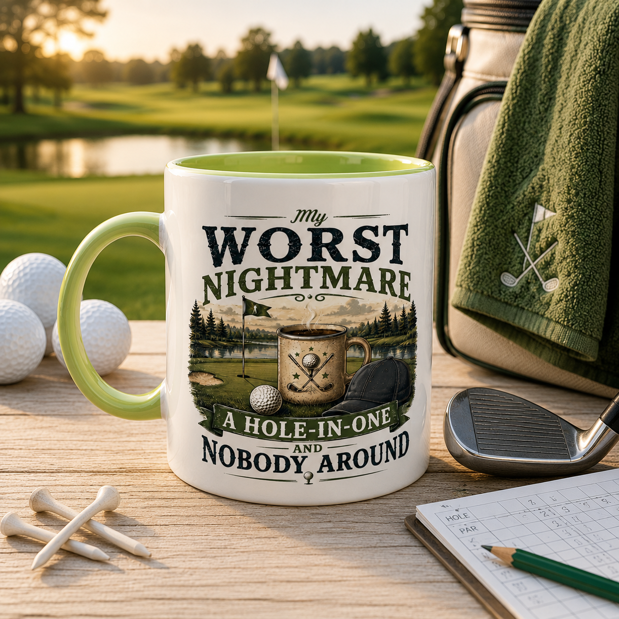 Golf-themed mug with humorous design on a golf course setting